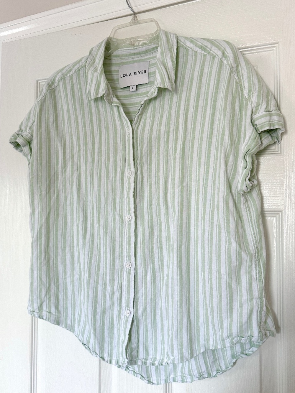 NWOT Lola River Women's Green And White Striped Button Up Linen Shirt Size L